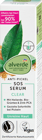 alverde NATURKOSMETIK Clear Anti-Pimple SOS Serum Healing Clay & Green Tea, 15 ml