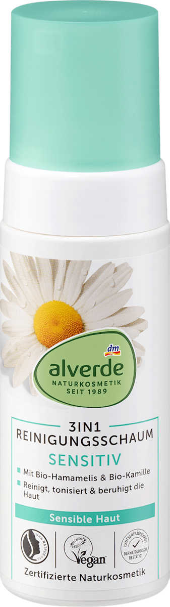 alverde NATURKOSMETIK Cleansing Foam 3in1 Sensitive Witch Hazel & Chamomile, 150 ml