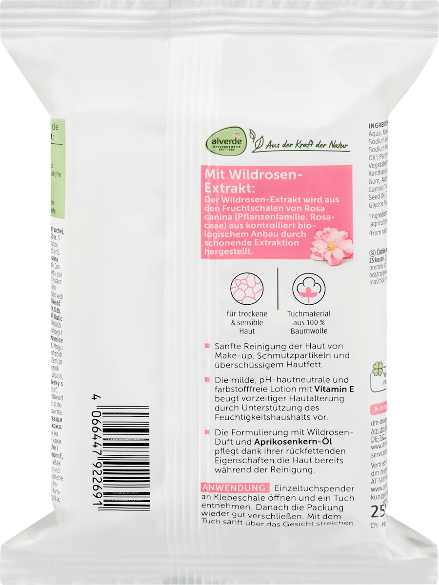 alverde NATURKOSMETIK Cleansing Wipes Wild Rose, 25 pcs