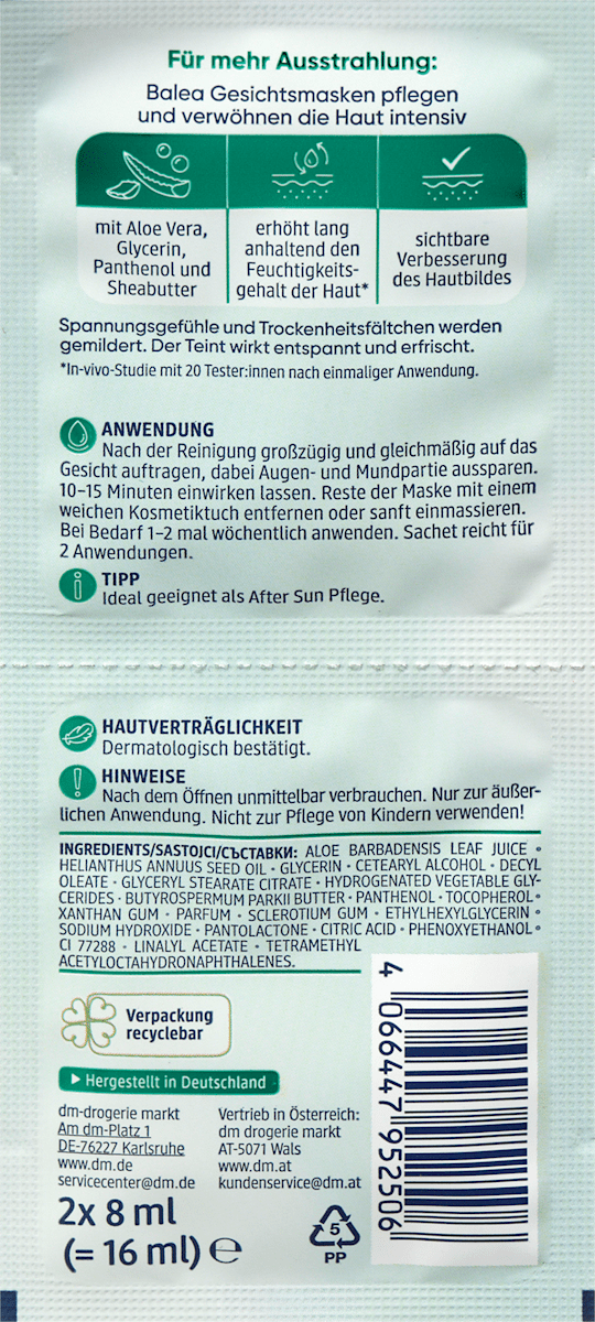 Balea Face Mask Aloe Vera Sachet (2x8 ml), 16 ml