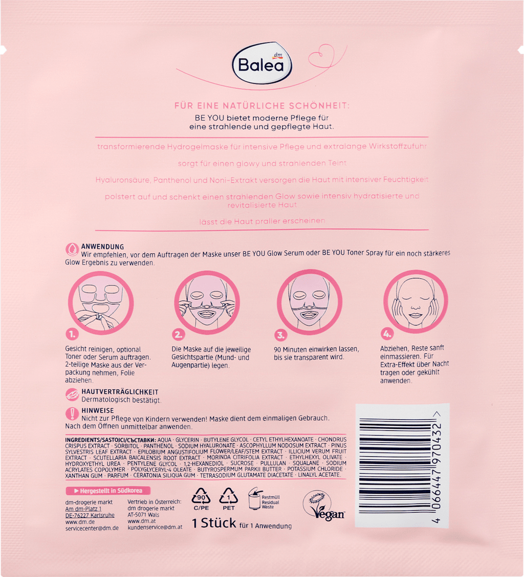 Balea Face Mask Glass Skin Hyaluronic Be You, 1 pc