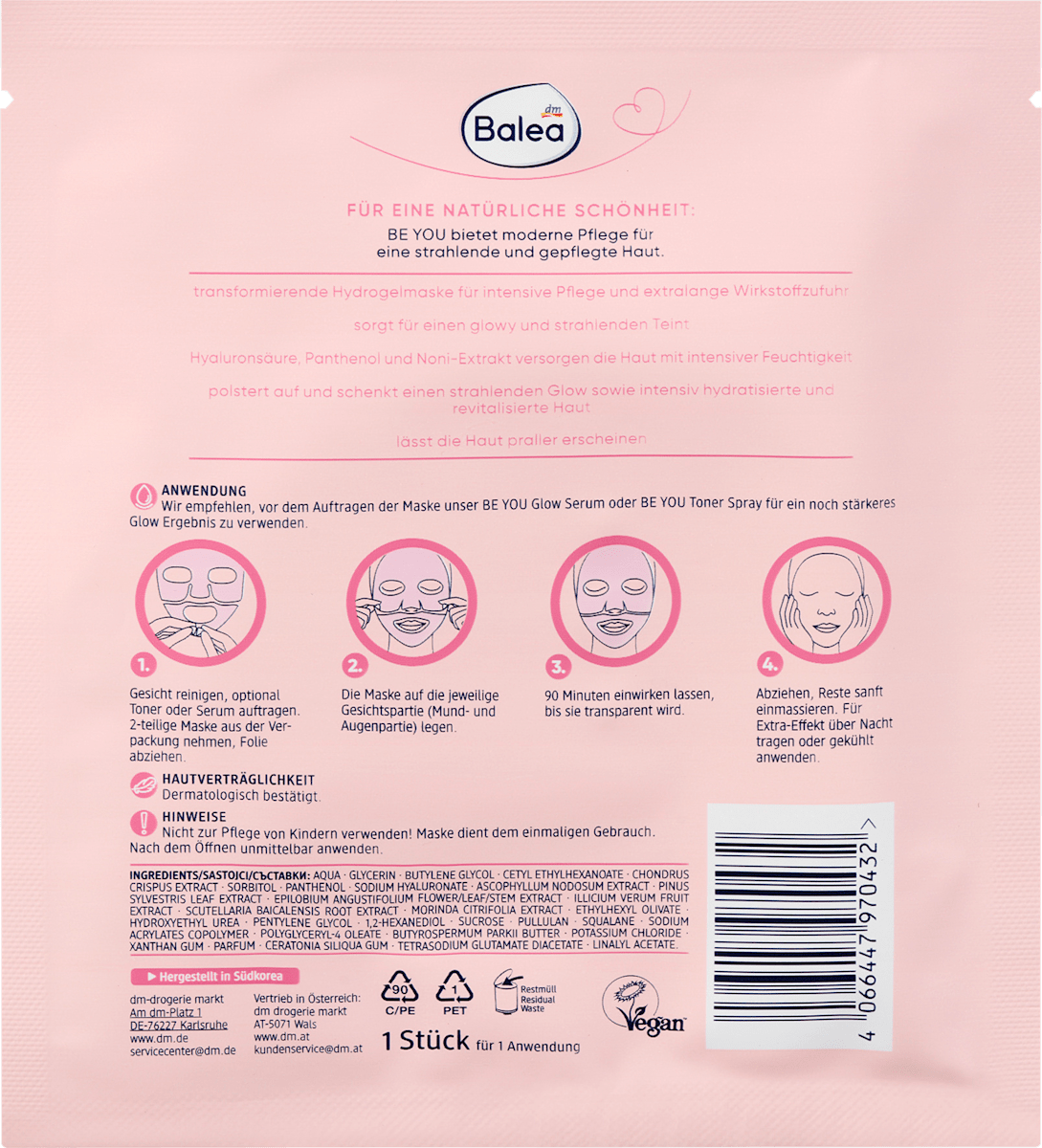 Balea Face Mask Glass Skin Hyaluronic Be You, 1 pc