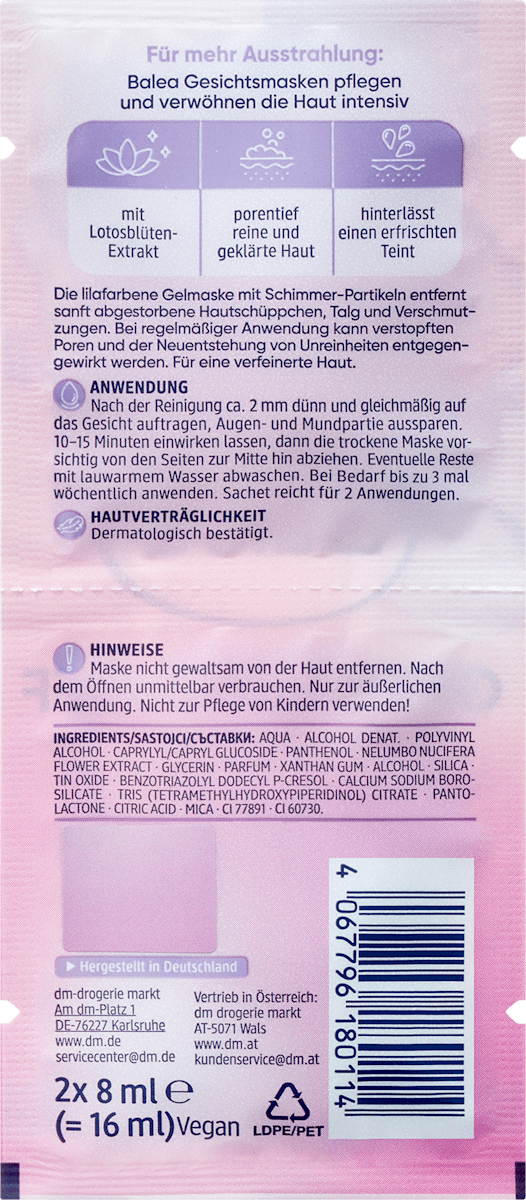 Balea Face Mask Glow Peel-Off (2x8 ml), 16 ml