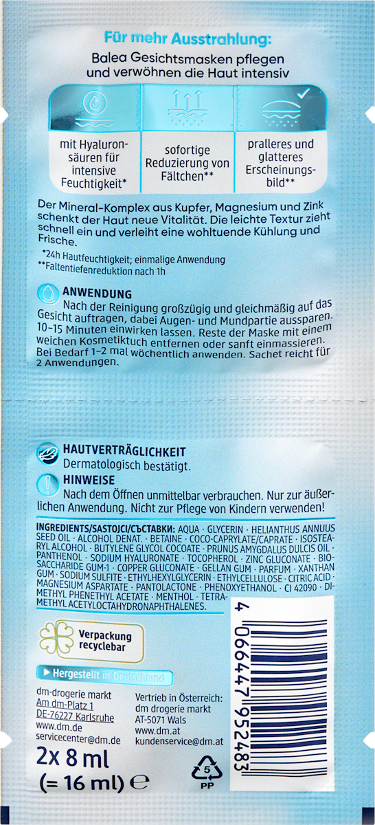 Balea Face Mask Hyaluron (2x8 ml), 16 ml