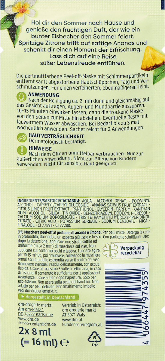 Balea Face Mask Peel-Off Lemon Lover (2x8 ml), 16 ml