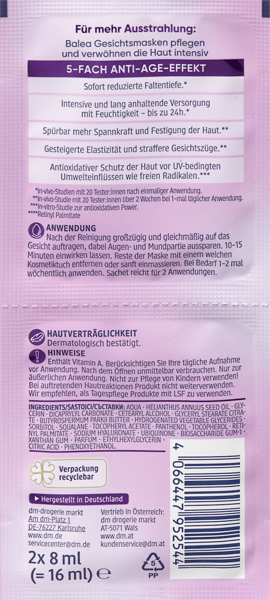 Balea Face Mask Retinol (2x8 ml), 16 ml
