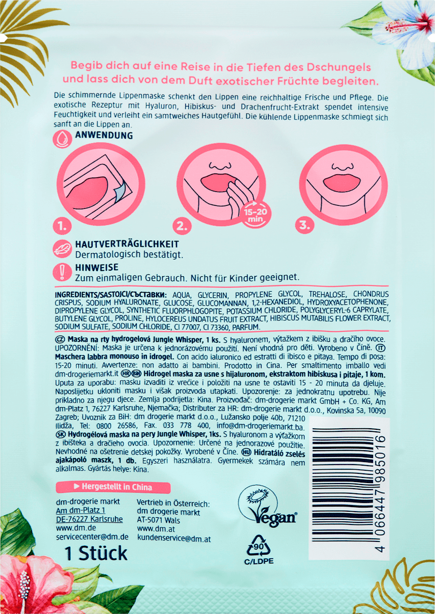 Balea Lip Mask Hydrogel Pink, Jungle Whisper, 1 pc