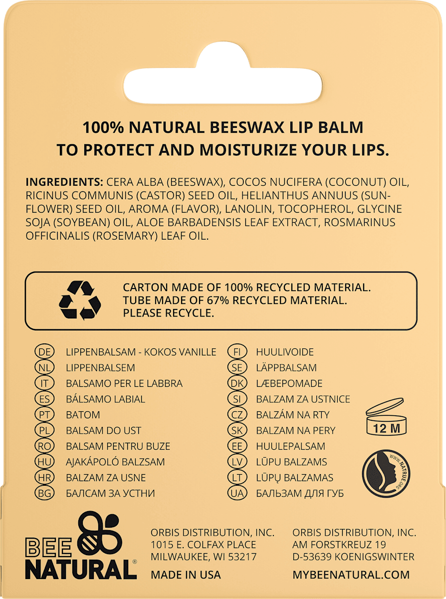 BEE NATURAL Coconut Vanilla Lip Balm, 4.2 g