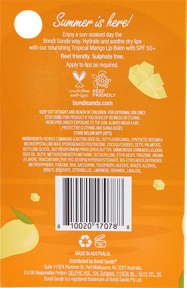 Bondi Sands Lip Balm Mango SPF 50+, 10 g