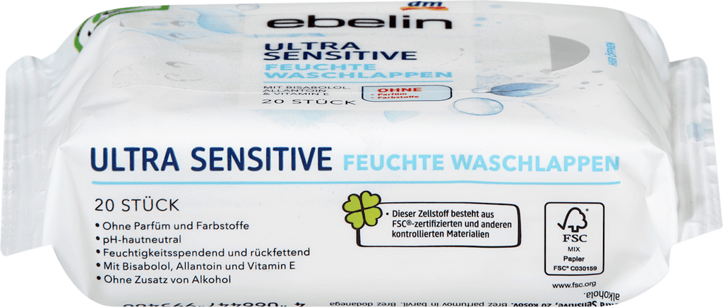 ebelin Wet Washcloths Ultra Sensitive, 20 pcs