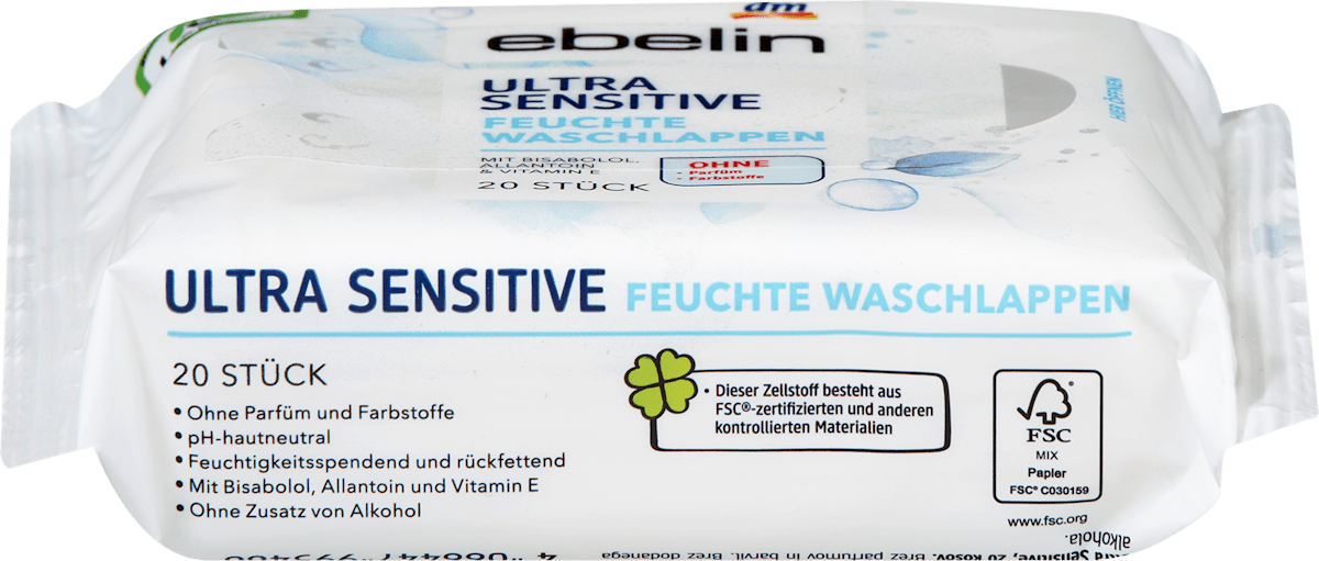 ebelin Wet Washcloths Ultra Sensitive, 20 pcs