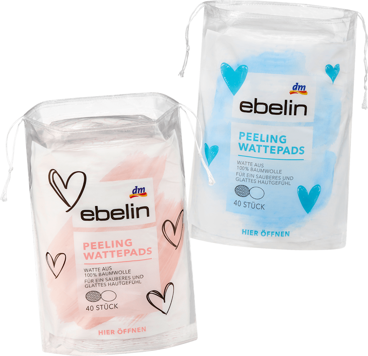ebelin Exfoliating Cotton Pads Hearts, 40 pcs