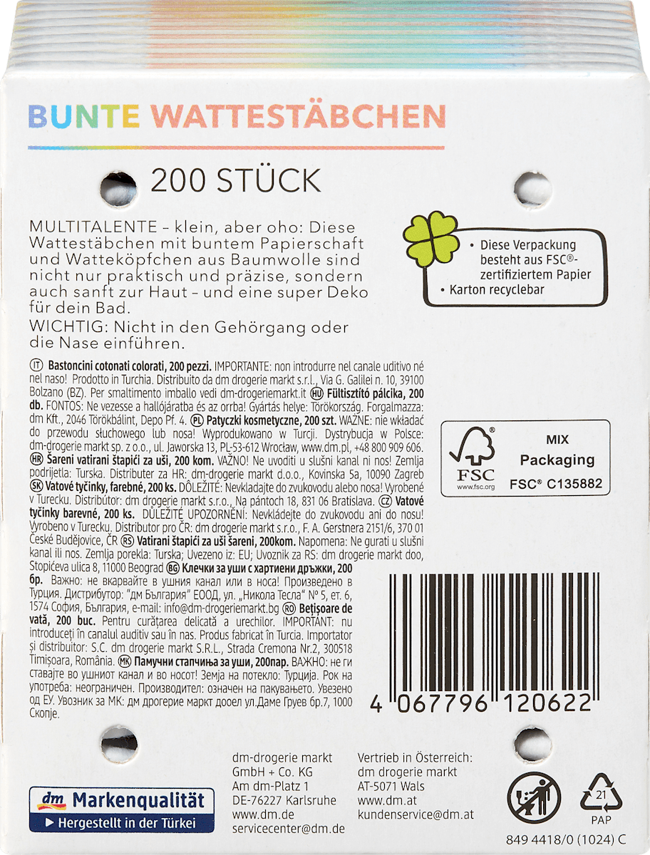 ebelin Cotton Buds Colourful, 200 pcs