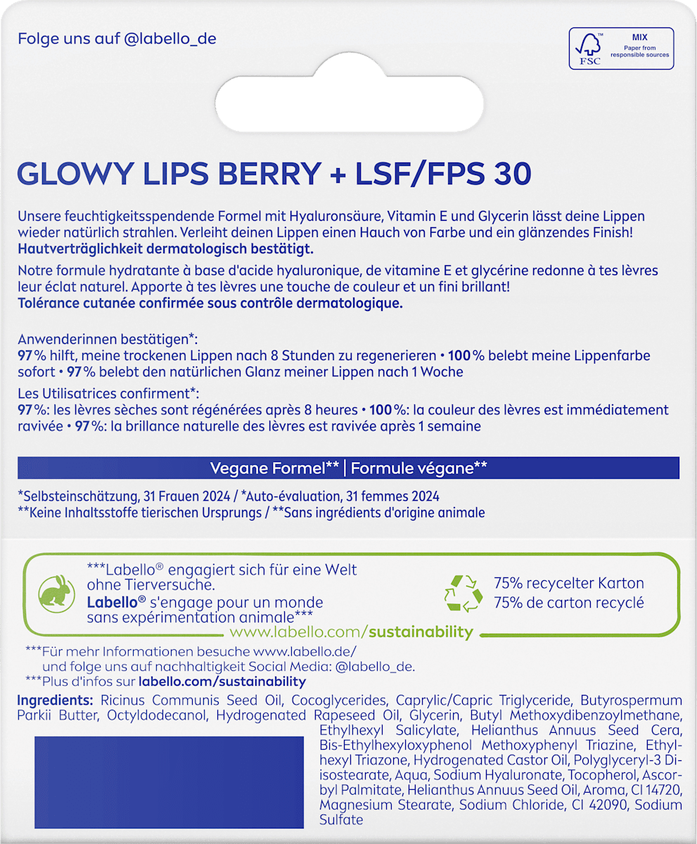 Labello Lip Care Glowy Lips Berry SPF 30, 10 ml