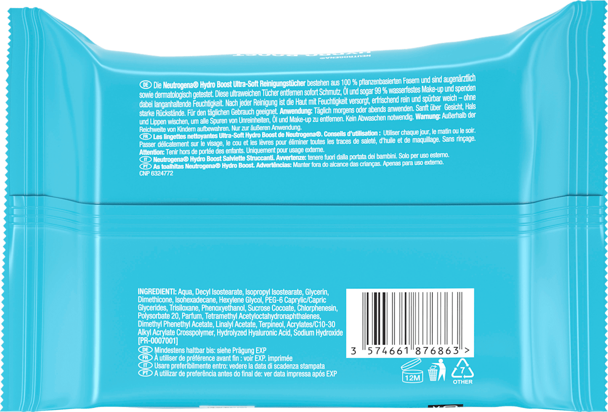 Neutrogena Cleansing Wipes Hydro Boost with Hyaluronic Acid Ultra-Soft, 25 pcs