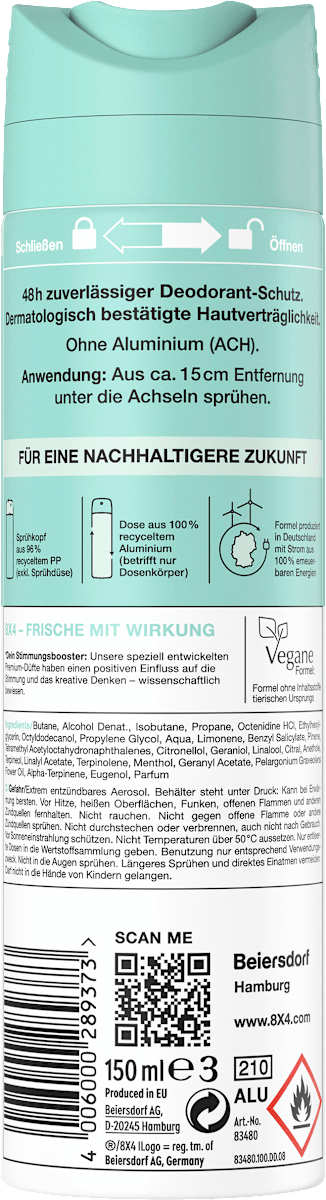 8x4 Women No.7 Fresh Lime Deodorant Spray, 150 ml