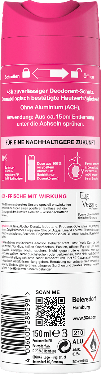 8x4 Women No.15 Frozen Berry Deodorant Spray, 150 ml