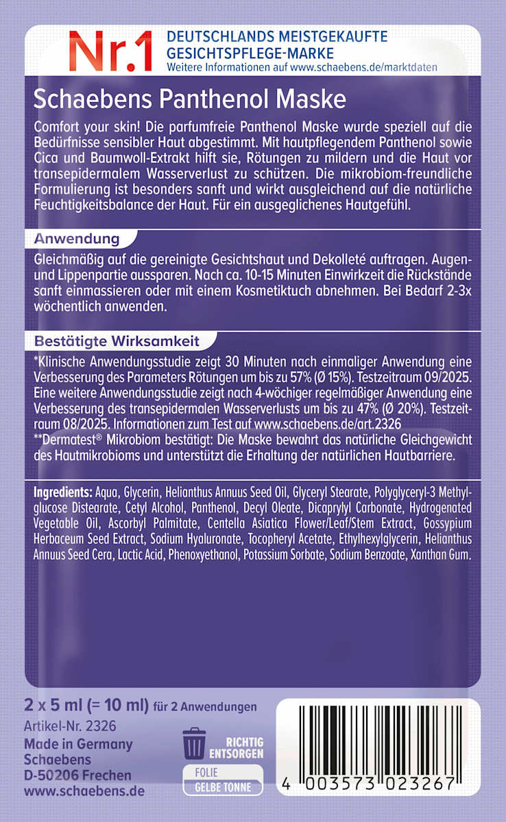 Schaebens Face Mask Panthenol (2x5 ml), 10 ml
