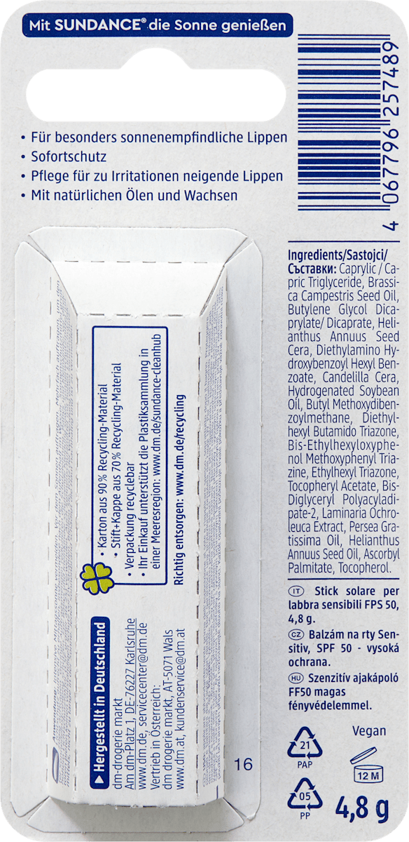SUNDANCE Sensitive Lip Care Stick SPF 50, 4.8 g