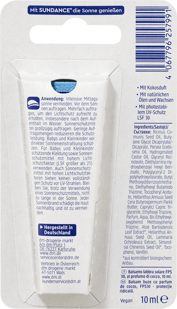 SUNDANCE Lip Care Tube with Coconut Scent, SPF 30, 10 ml