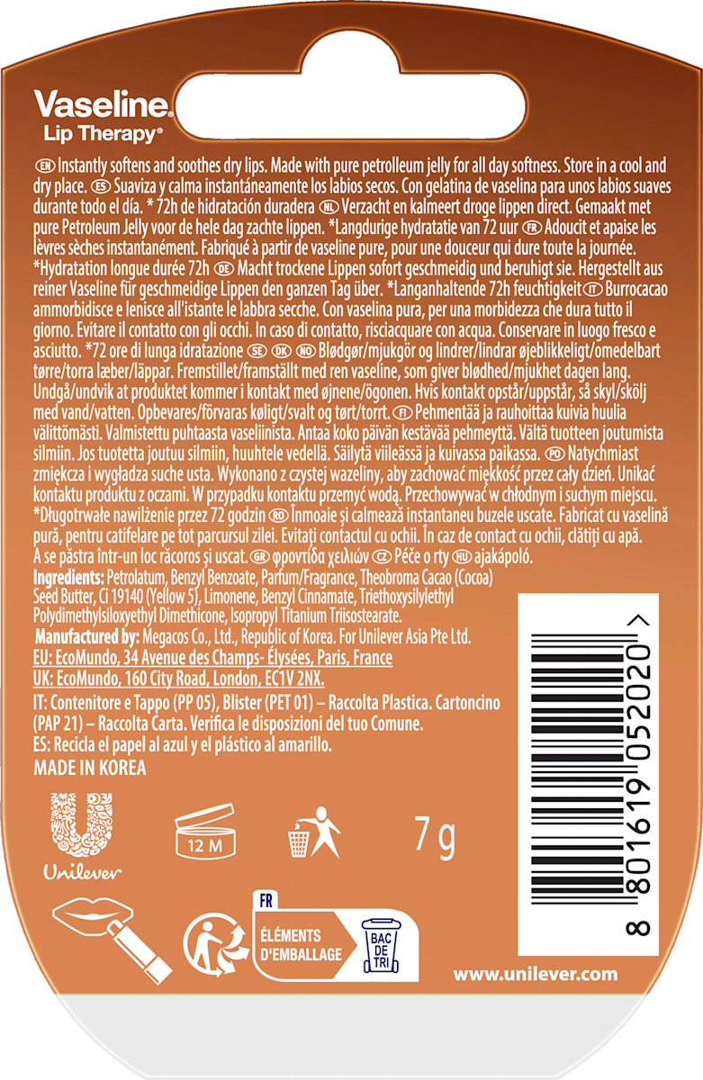 Vaseline Lip Care Cocoa Butter, 7 g