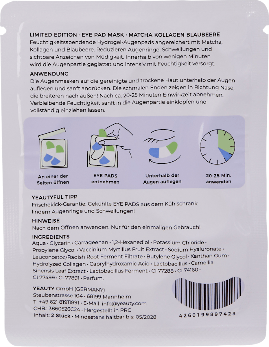 Yeauty Eye Pads Matcha Collagen Blueberry (1 Pair), 2 pcs