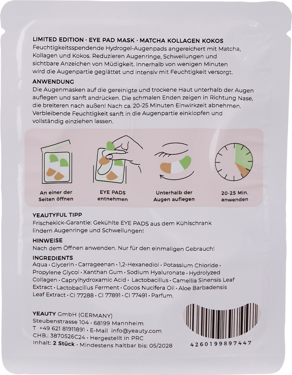 Yeauty Eye Pads Matcha Collagen Coconut (1 Pair), 2 pcs