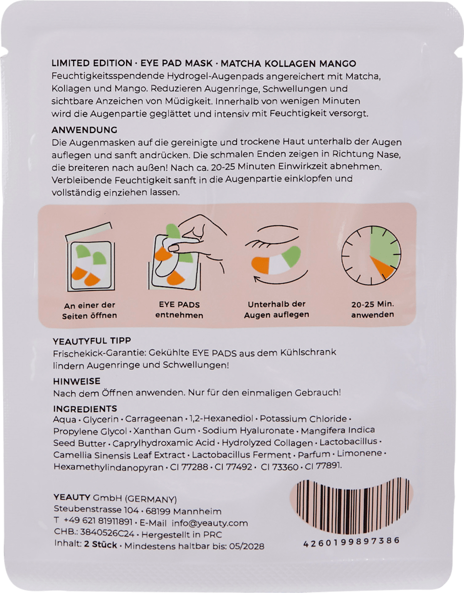 Yeauty Eye Pads Matcha Collagen Mango (1 Pair), 2 pcs