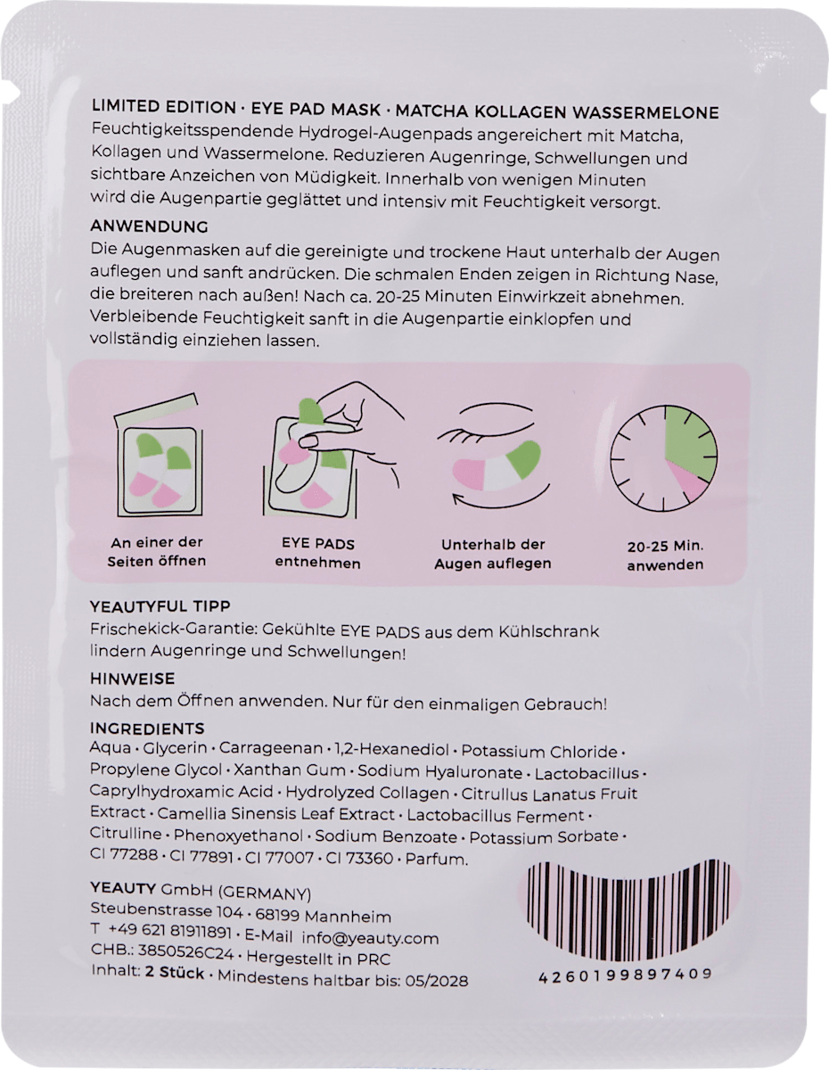 Yeauty Eye Pads Matcha Collagen Watermelon (1 Pair), 2 pcs