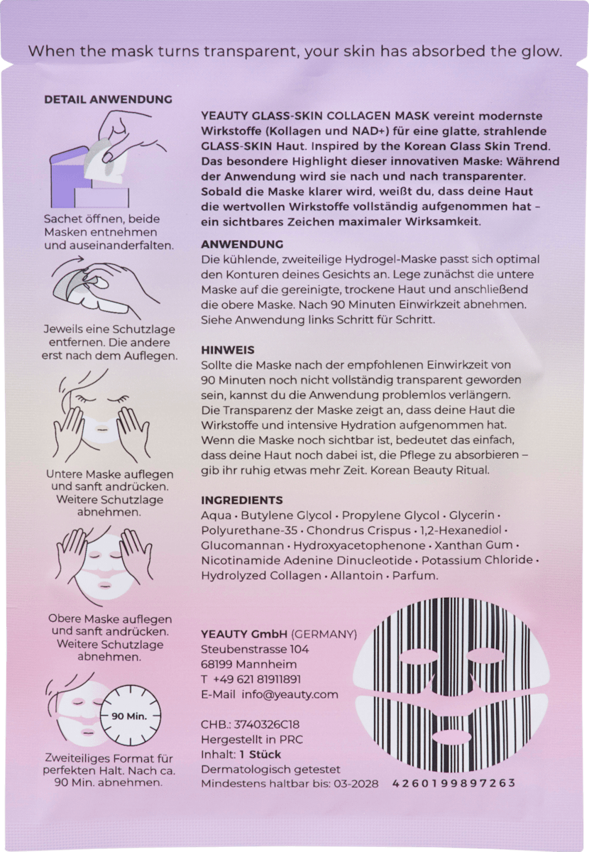 Yeauty Face Mask Glass-Skin Hydrogel Collagen & NAD+